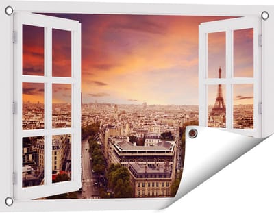 Gards Tuinposter Doorkijk Skyline Parijs met Eiffeltoren - 60x40 cm - Tuindoek - Tuindecoratie - Wanddecoratie buiten - Tuinschilderij