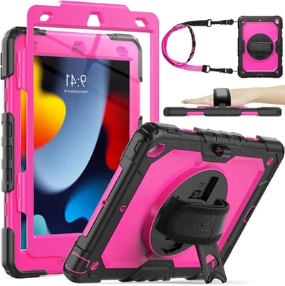 Beschermhoes voor iPad 9e/8e/7e Generatie 10.2 Inch met Schermbeschermer, Pencil Houder en 360° Draaibare Handstrap, Schokbestendige Case in Roze