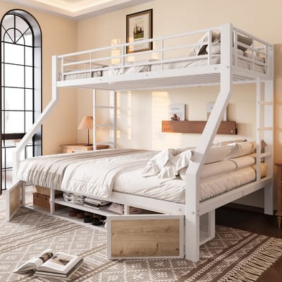 Stapelbed - 90x200 / 140x200 cm - Met Schoenrek - Opbergvakken en Ladder - Hout - Wit