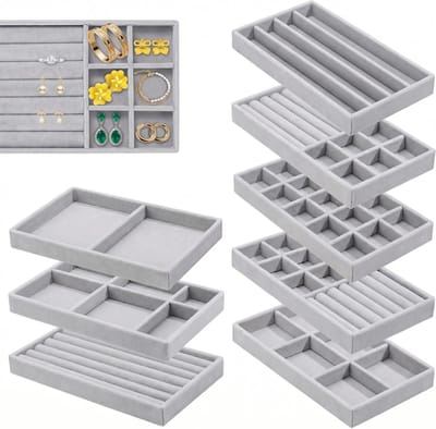 Set van 8 Stapelbare Sieradenorganizers van Fluweel voor het Opbergen van Ringen, Halskettingen en Armbanden in Lade