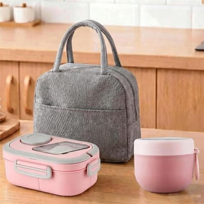 KZQ Lunchboxset - Ontwerp met meerdere compartimenten, lekvrij, geschikt voor magnetron en vaatwasser - Inclusief sausbakje, bestek en draagtas - Geschikt voor werk, school en picknicks - Roze - 1200 ml