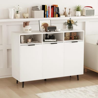 Moderne Opbergkast Dressoir – Keukenkast met 5 Verstelbare Planken, 3 Open Vakken en Deuren – Multifunctionele Witte Buffetkast voor Keuken, Eetkamer en Woonkamer – 120x40x90 cm NoviHome