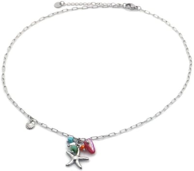 Ketting met Bedels - Zilverkleurig - Vrolijk Gekleurde Bedels - Zeester Kralen - RVS - Stainless Steel