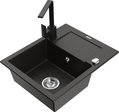 Mexen Enzo granieten gootsteen 1-bak met afdruiprek en keukenkraan Rita, zwart/gouden metallic - 6506-75-670300-70