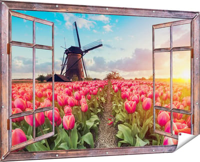 Gards Tuinposter Doorkijk Roze Tulpen Bloemenveld - met Windmolen - 180x120 cm - Tuindoek - Tuindecoratie - Wanddecoratie buiten - Tuinschilderij