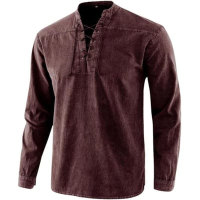Heren Overhemden met Lange Mouwen Retro Bandage Vetersluiting Overhemden Middeleeuws Piratenhemd Casual Tops 5XL