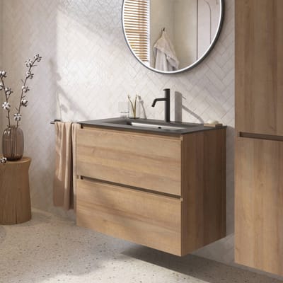 Saqu Terra badmeubel incl. mat witte keramische wastafel 80x46x66cm denver eiken