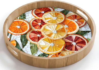 Dienblad rond 40x40 cm - Schootdienblad hout - Schijfjes - Fruit - Oranje - Mozaïek - Borrelplank rechthoek - Plateau houten dienbladen
