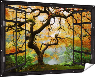 Gards Tuinposter Doorkijk Oude Knoestige Boom - 180x120 cm - Tuindoek - Tuindecoratie - Wanddecoratie buiten - Tuinschilderij