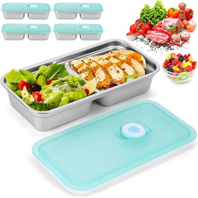 VHV - Vershoudbakjes - Snackdoosjes - Lunchbox - RVS lunchbox - Set van 4 - Roestvrij staal - Lekvrij - Met 2 vakken - Voor school, werk en onderweg - Blauw
