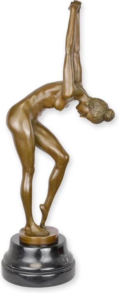 Bronzen Beeld ‘Stretching Vrouw’ – Sculptuur/Woondecoratie – bronzen beeld vrouw naakt rek – handgegoten kwaliteit – luxe patina afwerking – zware sokkel – 58,1 cm hoog – Brons/Zwart