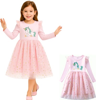 Joya Kids® Unicorn Verkleedjurk Meisjes | Licht Roze Jurkje met Lange Mouwen & Tule Rok | Comfortabele Prinsessenjurk voor Kinderen | T-shirt Stof | Prinsessenjurk meisje | Maat 130 | 6-7 Jaar