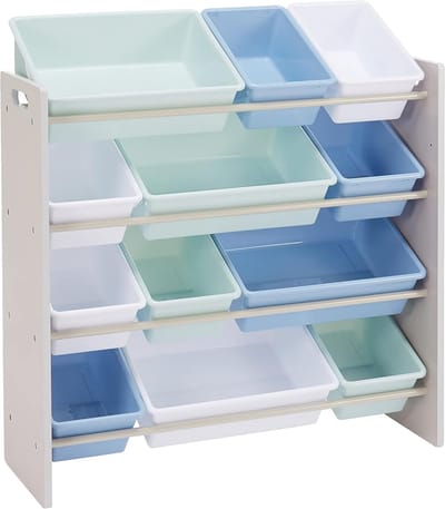 Famanu - Kast en speelgoed organizer met 4 planken en 12 opbergbakken, ruimtebesparend opbergsysteem kinderkamer, stevig frame