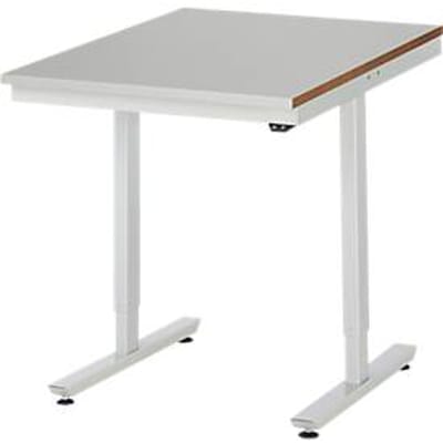 Rau werktafel Adlatus, elektrisch in hoogte verstelbaar, 25 mm MDF blad, roestvrij stalen bekleding, tot 150 kg, B 750 x D 800 x H 720-1120 mm, zilver/lichtgrijs