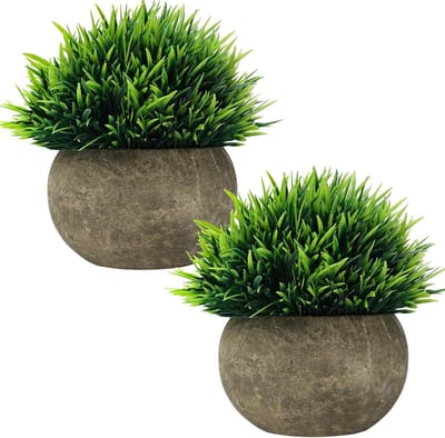 EGoods - Mini Nep Groene Gras Bosjes in Grijze Pot (2 Stuks) - Kunstplanten voor Binnen- en Buitendecoratie, Huis, Kantoor, Badkamer - Faux Plastic.