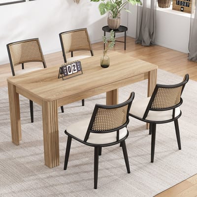 Sweiko Eetkamerstoel,4-delige set, PU Zitdecoratie, Rotan Geweven Rugleuning, Retro natuurlijk, woonkamer, slaapkamer stoel, Zwart(Tafel niet inbegrepen)