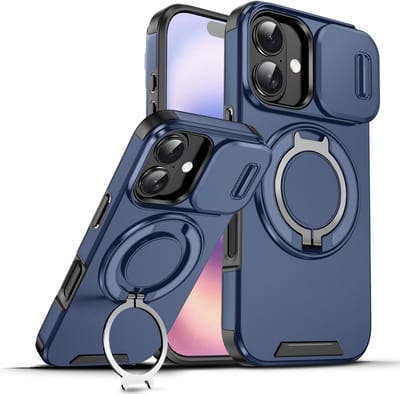 Hoesje Geschikt voor iPhone 17 hoesje Blauw - Shock Hybrid Armor Hoes met Kickstand Ring en Camera Bescherming - Geschikt voor MagSafe