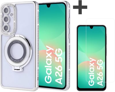 Hoesje met Ringhouder Geschikt voor Samsung Galaxy A26 met Diamant Glitters en Gehard Glas Screenprotector – Arara Backcover - Zilver