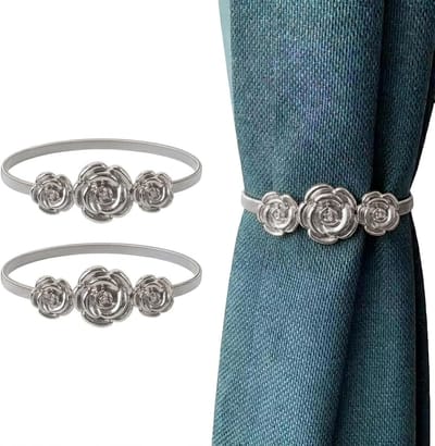 Set van 2 gordijnbinderruggen - 12 stijlopties en verstelbare gordijnhouders voor touw, metalen gordijngesp-clips voor thuis, hotel, kantoor, raamgordijn (zilver - drie bloemen)
