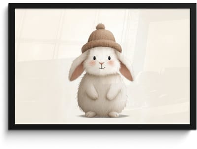 Poster in lijst - Fotolijst 60x40 cm - Posters - Konijn - Muts - Oren - Beige - Posterlijst zwart - Decoratie - Wanddecoratie woonkamer - Muurdecoratie slaapkamer