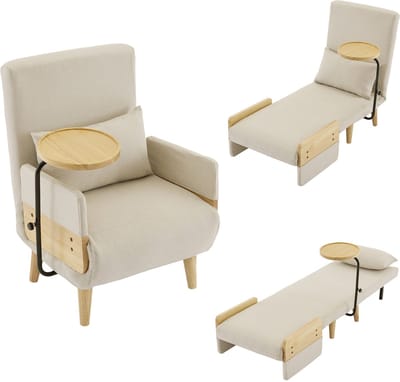 Gutent-Bank Modern design: 3-in-1 converteerbare fauteuil met slaapfunctie, inclusief houten dienblad, gestoffeerde klapstoel, gestoffeerde zitting, loungestoel en eenpersoonsbed, geschikt voor woonkamer, slaapkamer, kantoor, appartement, enz.