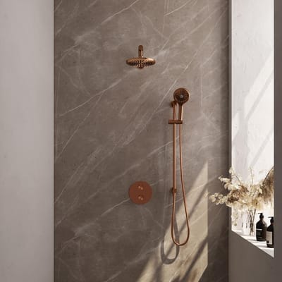 Brauer Copper Edition thermostatische inbouw regendouche 3-weg rond SET 91 met 20 cm douchekop en rechte muurarm en 3-standen handdouche en doucheslang en geïntegreerde glijstang koper geborsteld PVD