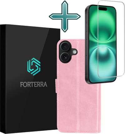 Hoesje Met Screenprotector - Geschikt voor Apple iPhone 16 - Luxe Pasjeshouder - Flipcase - Bookcase Portemonee - Flip Case - Kunstleer Book Case - Book Cover - Walletcase - Portemonneehoes - Lichtroze