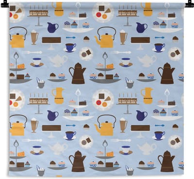 Wandkleed - Wanddoek - Patronen - Cupcake - Theepot - Thee - 180x180 cm - Wandtapijt