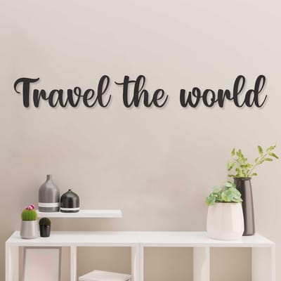 Wanddecoratie - Muurtekst - Travel The World - Hout - Wall Art - Muurdecoratie - Zwart