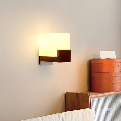 Haobosic - Houten wandlamp voor binnen, creatief vierkant ontwerp, moderne glazen wandlamp, vintage E27 wandlamp, perfect voor de slaapkamer