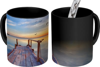 Magische Mok - Foto op Warmte Mokken - Koffiemok - Water - Steiger - Vogels - Zonsondergang - Horizon - Magic Mok - Beker - 350 ML - Theemok