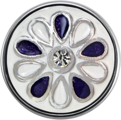 Quiges - Dames Click Button Drukknoop 18mm Bloem Wit met Paars Emaille - EBCM297