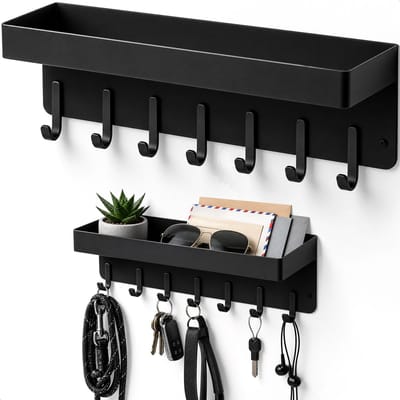 Sleutel houder met Plank - 6 haken - Sleutel - Kapstok - Bakje - Rekje - Organizer - Kastje - Hangend - Kapstokken - Kleer - Kleding - Hangers - Vintage - Muur - Industrieel - Hout - Garde robe - Zwart - Luft