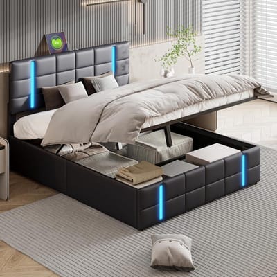 Gecapitonneerd Bed - Tweepersoonsbed Kofferbed - Slaapkamer Opbergen - Met USB Oplaadpoorten - 140 x 200 cm - Zwart