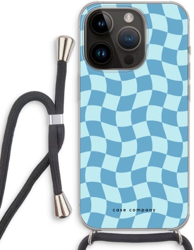 Case Company® - Hoesje met koord geschikt voor iPhone 14 Pro hoesje met Koord - Grid Blauw - Telefoonhoesje met Zwart Koord - Bescherming aan alle Kanten en Over de Schermrand