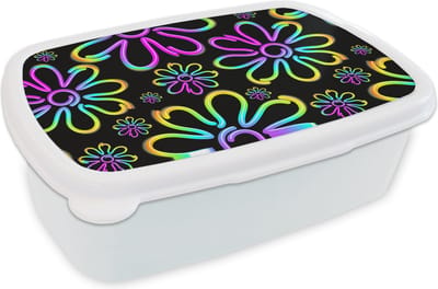 Broodtrommel Wit - Lunchbox - Brooddoos - Bloemen - Neon - Patronen - Psychedelisch - 18x12x6 cm - Volwassenen