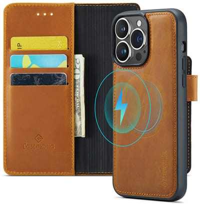 CaseMania Bookcase hoesje geschikt voor iPhone 15 Pro Max - Effen Cognac - Leer - 2-in-1 Magnetisch Uitneembaar Design - Compatible met MagSafe
