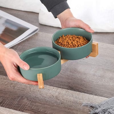 Honden Voerbakken Set - Dubbele Kommen - Verhoogd Eten - Keramiek Bamboe - 2x 850ml - Groen