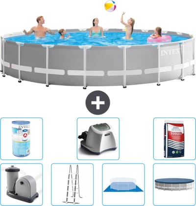Intex Rond Prism Frame Zwembad - 610 x 132 cm - Grijs - Inclusief Pomp - Ladder - Grondzeil - Afdekzeil Filter - Zoutwatersysteem - Zwembadzout