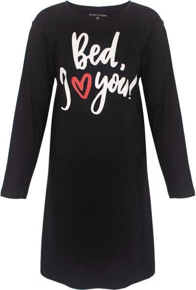Temptation Dames Nachthemd - Ronde Hals - Bigshirt - Zwart - Maat L