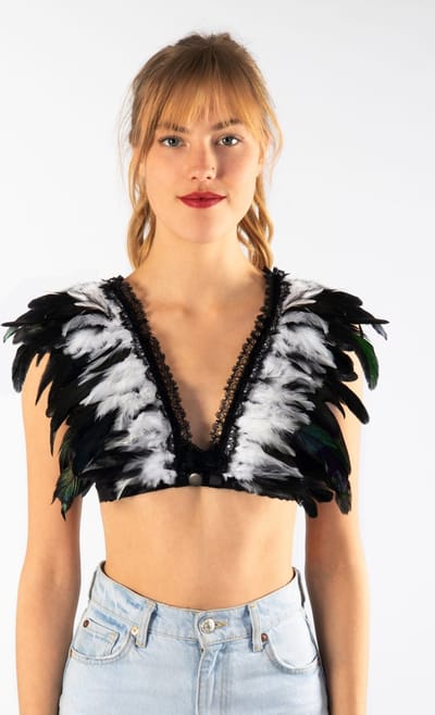 KIMU® Top met Veren Zwart Wit - Maat XS S M - Verentop Pak Heks Topje Veertjes - Hippie Bohemian Indianenpak Indiaan Eskimo Vogel Volwassenen Carnaval Festival