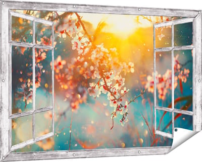 Gards Tuinposter Doorkijk Bloesemboom tijdens Zonsondergang - Bloem - 150x100 cm - Tuindoek - Tuindecoratie - Wanddecoratie buiten - Tuinschilderij