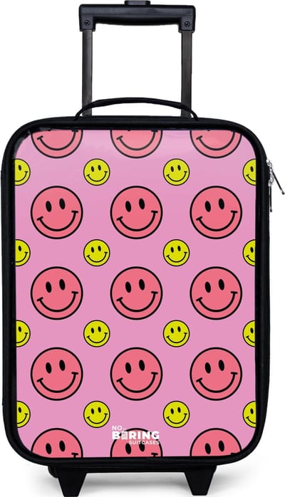 NoBoringSuitcases.com® - Kinderkoffer jongen - Kindertrolley meisje - All smiles roze - Koffer kind lichtgewicht - Reiskoffer trolley voor kinderen - Koffertje met lichtgevende wieltjes - Rolkoffer zwart