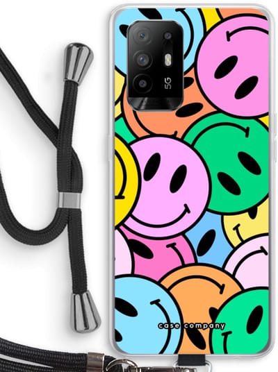 Case Company® - Hoesje met koord geschikt voor Oppo A94 5G hoesje met Koord - Smiley N°1 - Telefoonhoesje met Zwart Koord - Bescherming aan alle Kanten en Over de Schermrand
