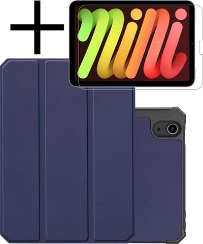 Hoes - Geschikt voor Apple iPad Mini 6 (2021) - 8.3 inch - 6e Generatie - Met Screenprotector - Trifold Bookcase - Hard Cover Case - Met Uitsparing Geschikt voor Apple Pencil - Hardcover Book - Tablet Hoesje - Donkerblauw