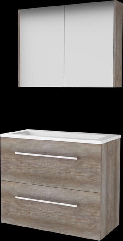 Basic Comfort 39 badmeubelset met spiegelkast, wastafelonderkast met grepen, 2 lades en acryl wastafel zonder kraangaten 80 x 39 cm, scotch oak