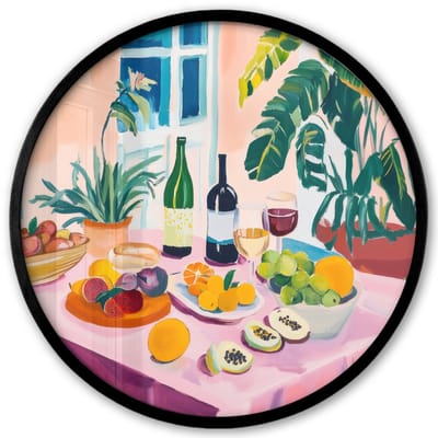 Poster in lijst Rond - Fotolijst 40x40 cm - Posters - Tafel - Wijn - Fruit - Ronde posterlijst zwart - Decoratie - Wanddecoratie woonkamer - Muurdecoratie slaapkamer