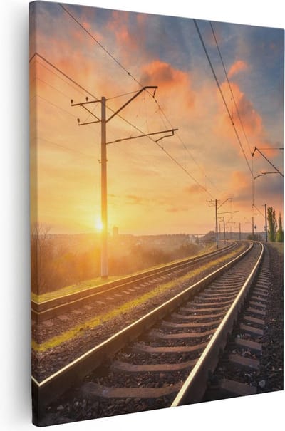 Artaza Canvas Schilderij Spoorweg Zonsondergang - 80x100 cm - Groot - Wanddecoratie Natuur - Muurdecoratie Landschap - Schilderijen Op Canvas Woonkamer