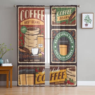 Koffiekop en Zak met Gebrande Bonen Banners van Café Warme Dranken of Dranken Tule Transparante Gordijnen Kamer Voile Organza Gordijn 135W x 114H(cm) black