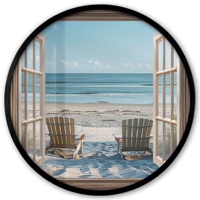 Poster in lijst Rond - Fotolijst 40x40 cm - Posters - Doorkijk - Strandstoelen - Duinen - Zee - Natuur - Ronde posterlijst zwart - Decoratie - Wanddecoratie woonkamer - Muurdecoratie slaapkamer